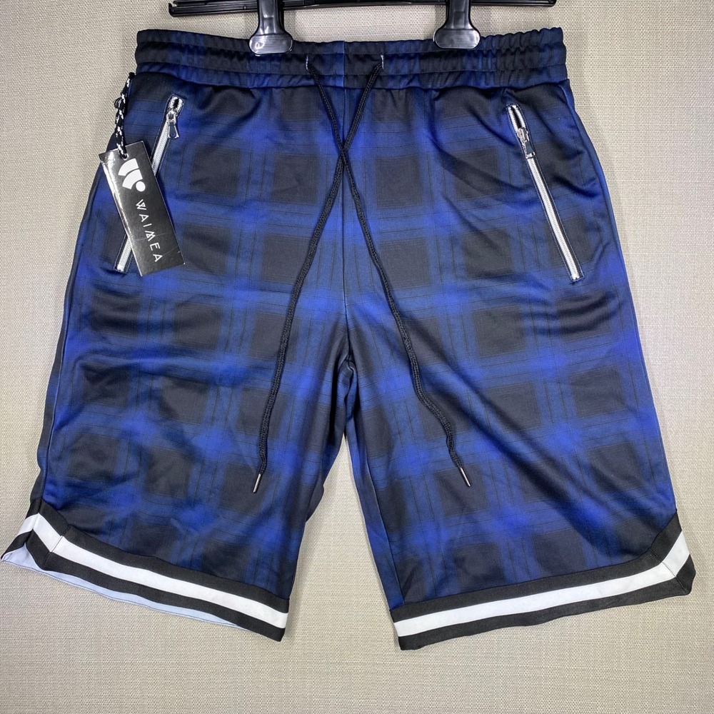 Waimea Mens Blue Black Plaid Mesh Basketball Shorts Zipper Pockets Size M NWT